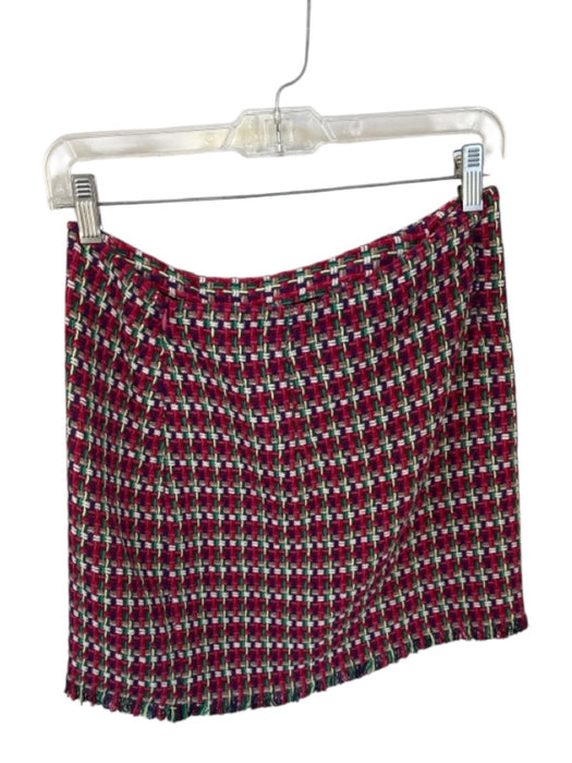 Zara Size M Pink & Green Cotton Blend Tweed Basket Weave Fringe Skirt Pink & Green / M