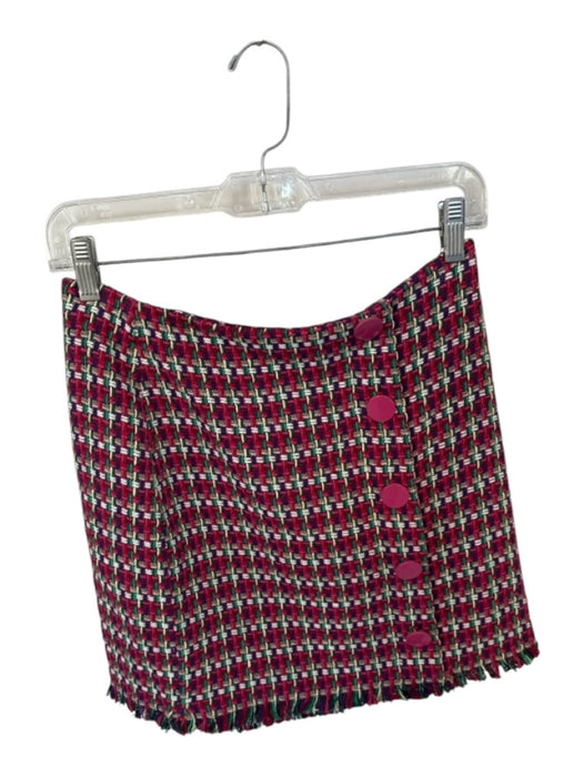 Zara Size M Pink & Green Cotton Blend Tweed Basket Weave Fringe Skirt Pink & Green / M