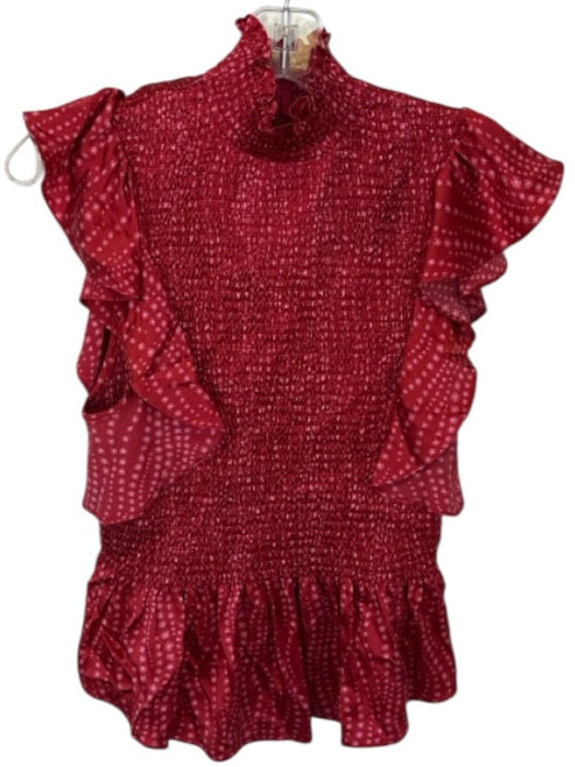 Cinq a Sept Size M Red & Pink Silk Mock Neck smocked Flowers Flutter Sleeve Top Red & Pink / M