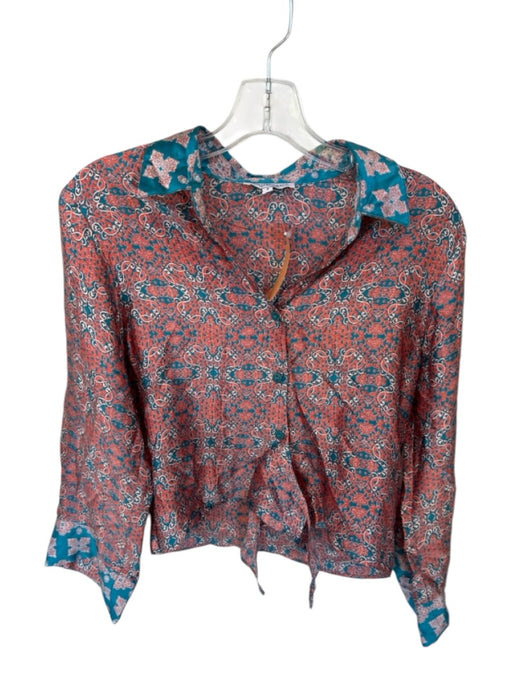 Lolita Jaca Size S Orange & Teal Print Silk Long Sleeve Kaleidoscope Collar Top Orange & Teal Print / S