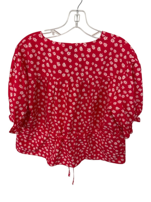 The Shirt Size L Red & White Polyester Floral Buttons V Neck Bubble Sleeve Top Red & White / L