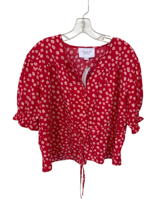 The Shirt Size L Red & White Polyester Floral Buttons V Neck Bubble Sleeve Top Red & White / L