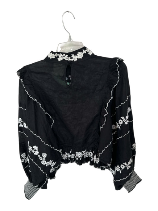 Farm Rio Size M Black & White Cotton Stitch Detail Long Sleeve Ruffle Top Black & White / M
