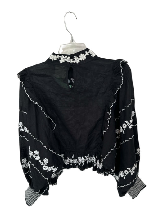 Farm Rio Size M Black & White Cotton Stitch Detail Long Sleeve Ruffle Top Black & White / M