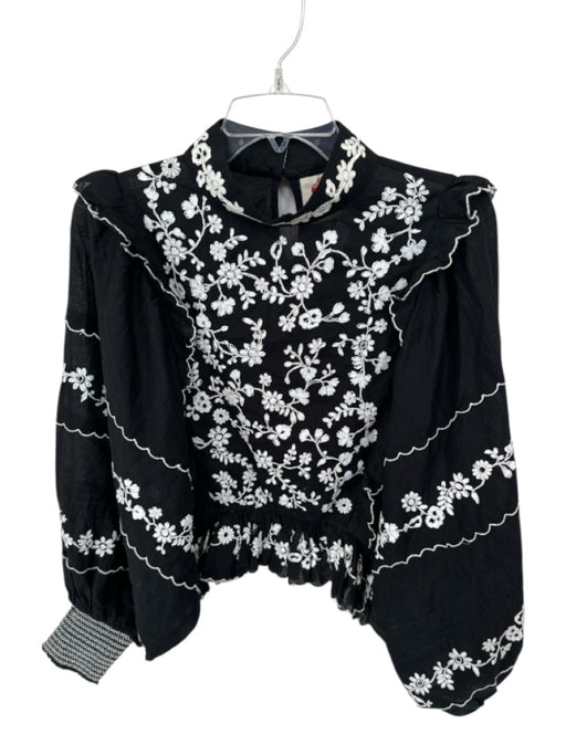 Farm Rio Size M Black & White Cotton Stitch Detail Long Sleeve Ruffle Top Black & White / M
