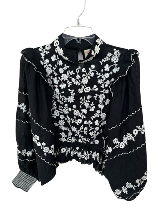 Farm Rio Size M Black & White Cotton Stitch Detail Long Sleeve Ruffle Top Black & White / M