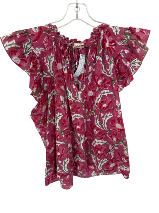 Stark X Size L Pink Cotton Floral Ruffle V Neck Front Tie Top Pink / L