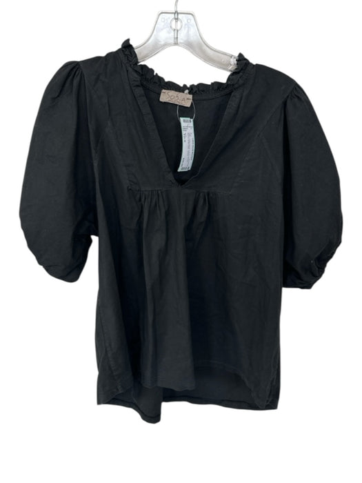 Sofia Size Est M Black Cotton Blend V Neck Bubble Sleeve Ruffle collar Top Black / Est M