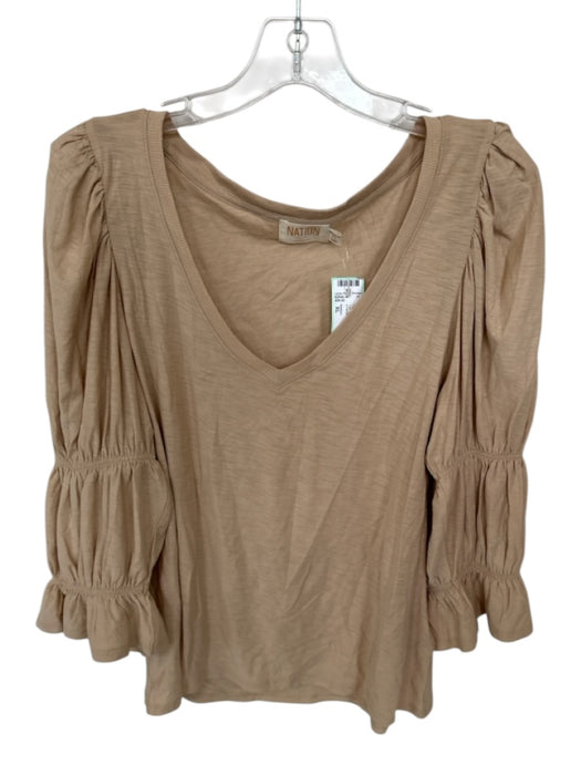 Nation Size XL Tan Cotton Long Sleeve Scrunch Detail V Neck Top Tan / XL