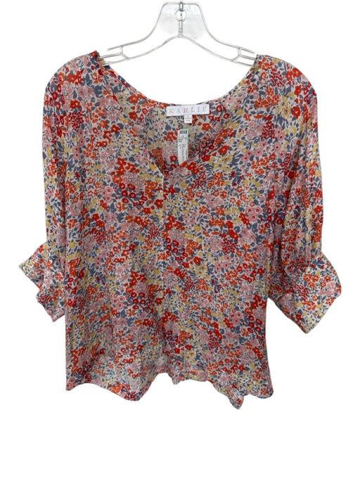 Karlie Size L Multi Viscose Blend Floral V Neck Bubble Sleeve Top Multi / L