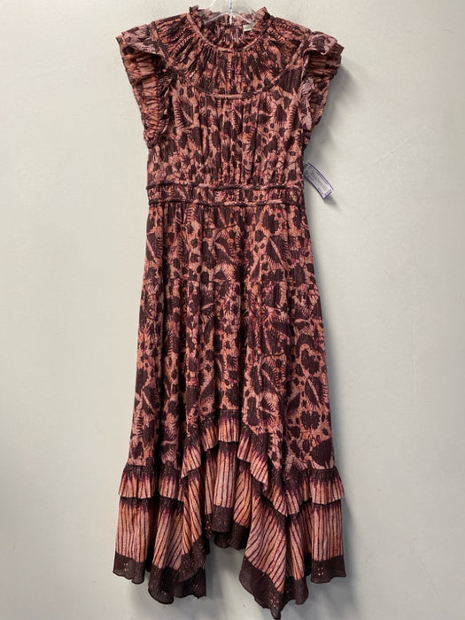 Ulla Johnson Size 6 Cranberry Silk Abstract Print High Neck Tiered Hem Dress