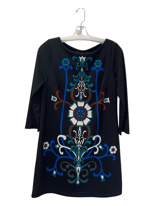 Tibi Size M Black & Multi Polyester Boat Neck 3/4 Sleeve Floral Print Dress Black & Multi / M