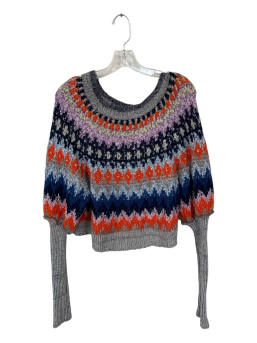 Free People Size S Navy & Orange Wool Blend Long Sleeve Knit Cropped Sweater Navy & Orange / S