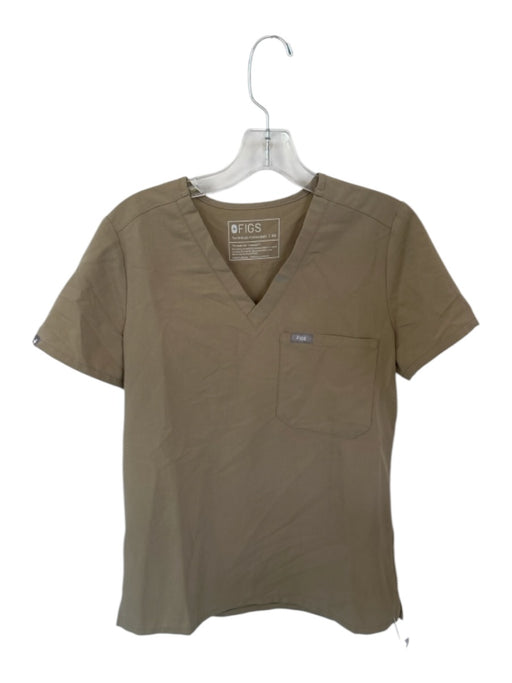 Figs Size XS Khaki Polyester Blend V Neck Pocket Short Sleeve Top Khaki / XS