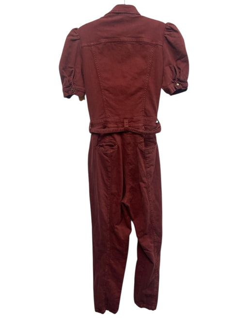 Retrofete Size L Brick Red Cotton Blend Denim Short Puff Sleeve Slim Jumpsuit Brick Red / L