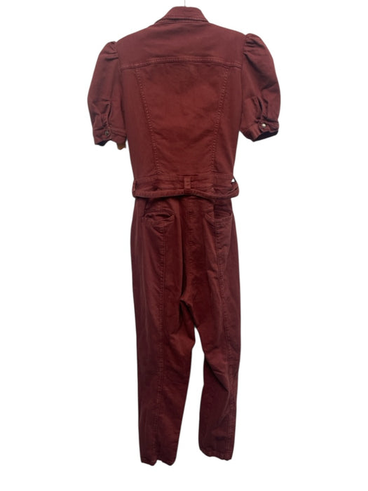 Retrofete Size L Brick Red Cotton Blend Denim Short Puff Sleeve Slim Jumpsuit Brick Red / L