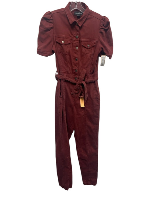 Retrofete Size L Brick Red Cotton Blend Denim Short Puff Sleeve Slim Jumpsuit Brick Red / L
