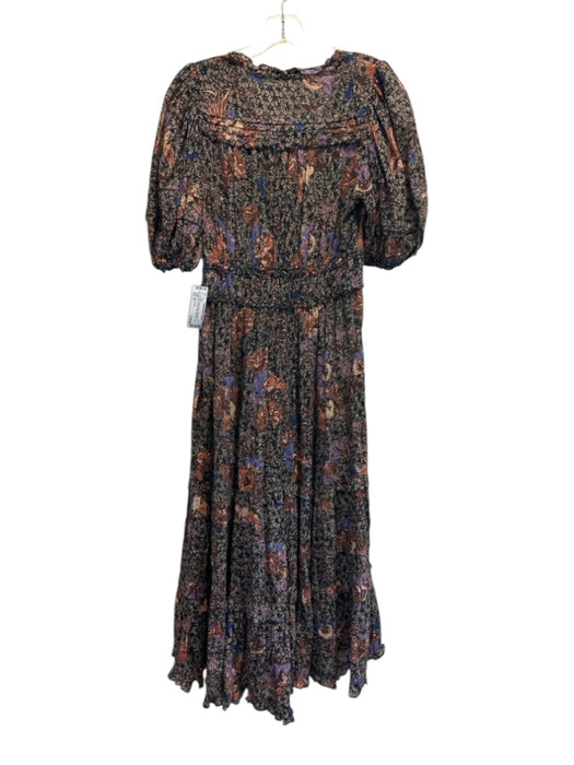Ulla Johnson Size 4 Black, Brown, Blue Cotton Blend Abstract Floral Midi Dress Black, Brown, Blue / 4