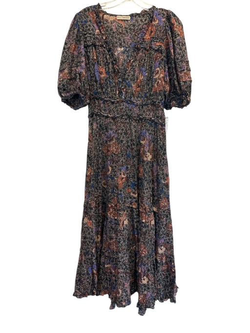 Ulla Johnson Size 4 Black, Brown, Blue Cotton Blend Abstract Floral Midi Dress Black, Brown, Blue / 4