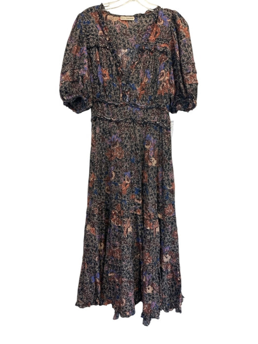 Ulla Johnson Size 4 Black, Brown, Blue Cotton Blend Abstract Floral Midi Dress Black, Brown, Blue / 4