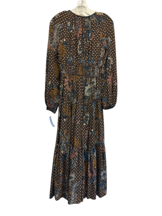 Ulla Johnson Size 2 Orange, Blue, Black Silk Floral & Abstract V Neck Midi Dress Orange, Blue, Black / 2
