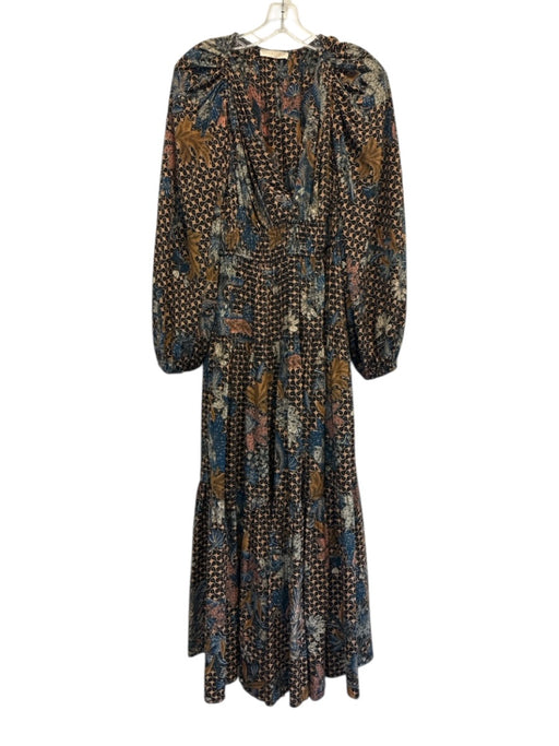 Ulla Johnson Size 2 Orange, Blue, Black Silk Floral & Abstract V Neck Midi Dress Orange, Blue, Black / 2