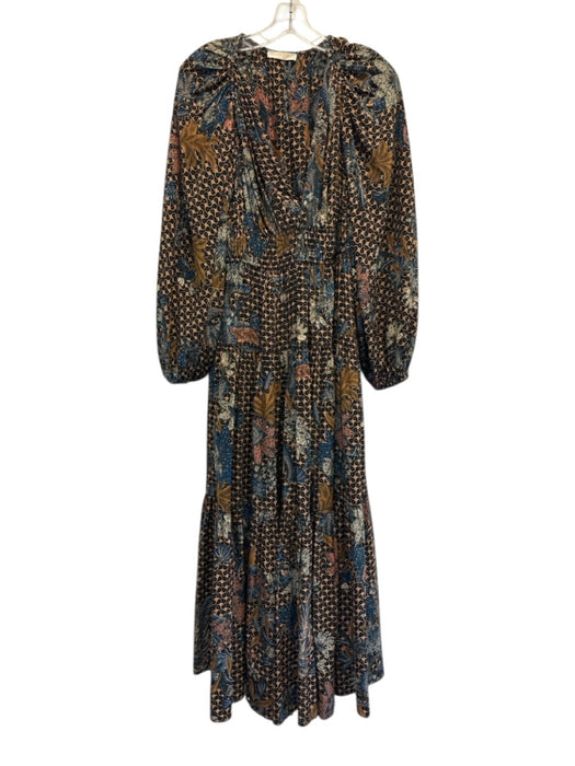 Ulla Johnson Size 2 Orange, Blue, Black Silk Floral & Abstract V Neck Midi Dress Orange, Blue, Black / 2