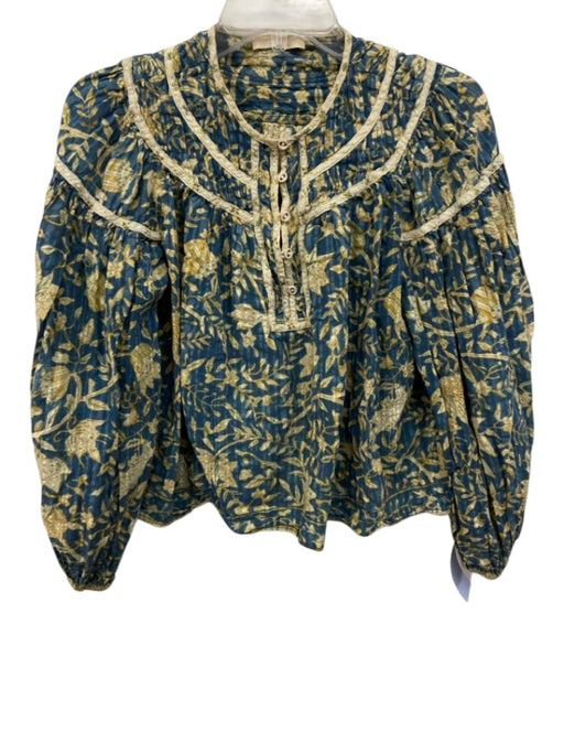 Ulla Johnson Size 2 blue, yellow, cream Cotton Blend Botanical Button Detail Top blue, yellow, cream / 2