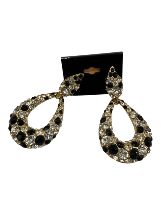 Black, Gold, Clear Rhinestone Teardrop Clip On Earrings Black, Gold, Clear