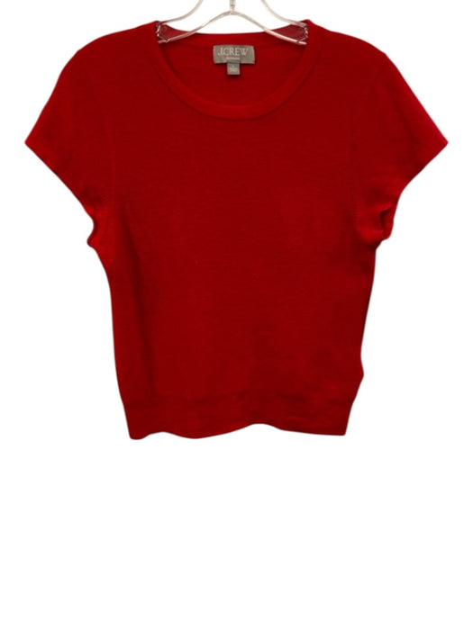 J Crew Size L Red Cashmere Short Sleeve Rib Knit Sweater Crew Neck Top Red / L