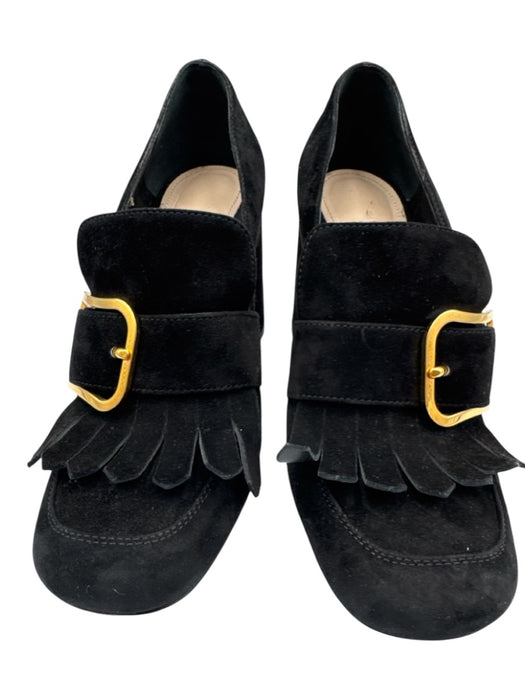 Prada Shoe Size 36 Black Suede Block Heel Gold Buckle Fringe Loafer Pumps Black / 36