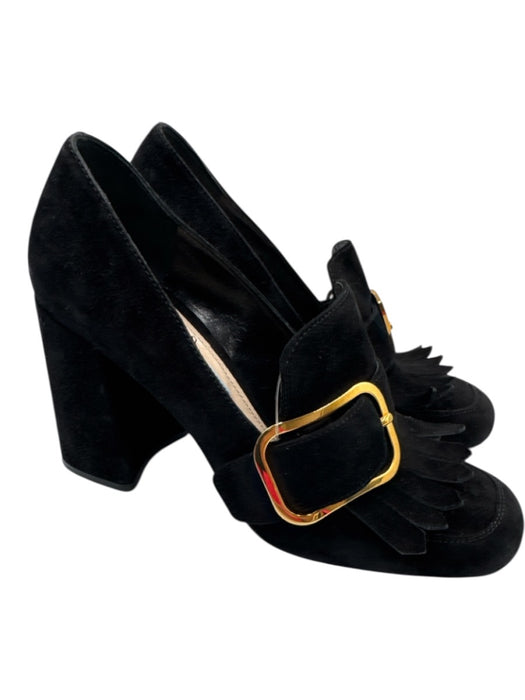 Prada Shoe Size 36 Black Suede Block Heel Gold Buckle Fringe Loafer Pumps Black / 36
