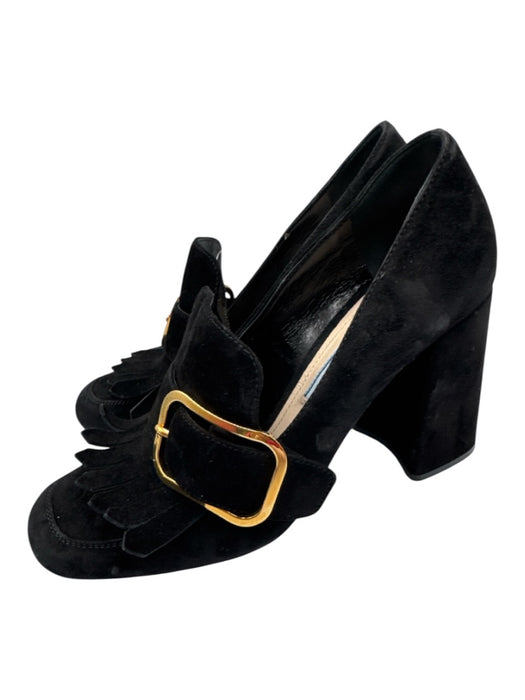 Prada Shoe Size 36 Black Suede Block Heel Gold Buckle Fringe Loafer Pumps Black / 36