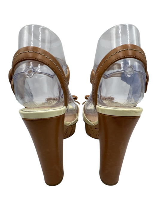 Prada Shoe Size 37.5 Brown & Cream Leather Cork Bow Ankle Buckle Sandals Brown & Cream / 37.5