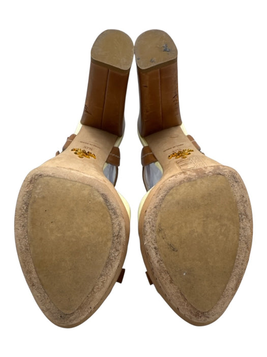 Prada Shoe Size 37.5 Brown & Cream Leather Cork Bow Ankle Buckle Sandals Brown & Cream / 37.5