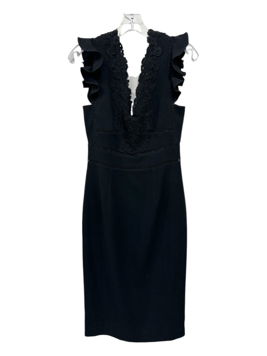Rebecca Taylor Size 4 Black Triacetate Ruffle Cap Sleeve Double V Neck Dress Black / 4