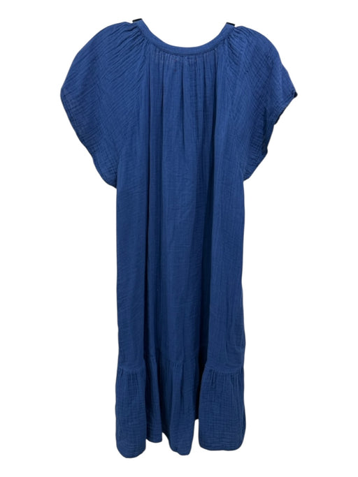 XiRENA Size Large Blue Cotton Short flutter sleeve Wrinkled 3/4 Button Dress Blue / Large