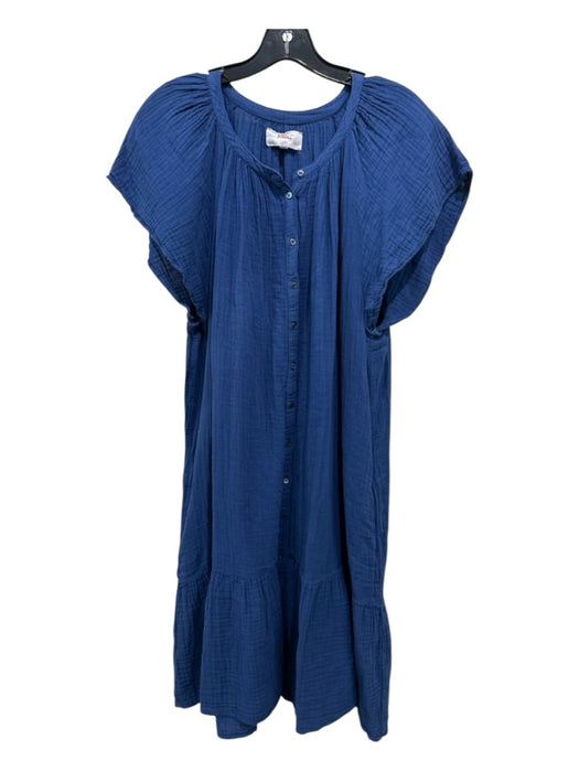XiRENA Size Large Blue Cotton Short flutter sleeve Wrinkled 3/4 Button Dress Blue / Large