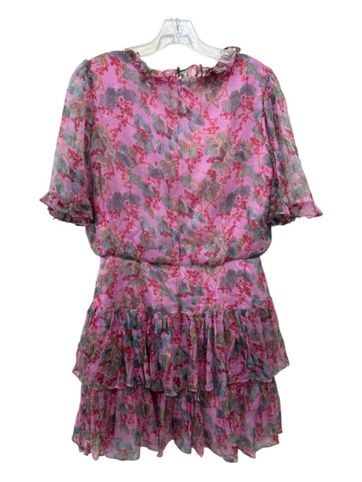 Saloni Size 8 Pink, Teal & Red Silk Short Ruffle Sleeve Floral Ruffle Neck Dress Pink, Teal & Red / 8