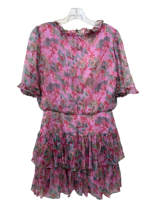 Saloni Size 8 Pink, Teal & Red Silk Short Ruffle Sleeve Floral Ruffle Neck Dress Pink, Teal & Red / 8