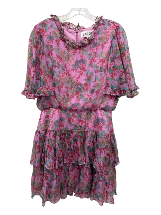 Saloni Size 8 Pink, Teal & Red Silk Short Ruffle Sleeve Floral Ruffle Neck Dress Pink, Teal & Red / 8