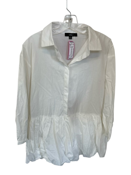 Lulus Size S White Cotton Button Down Long Sleeve Collar Bubble Skirt Dress White / S