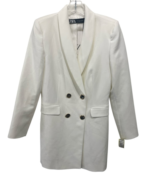 Zara Size L White Polyester Blend Long Sleeve Double Breasted Button Front Dress White / L