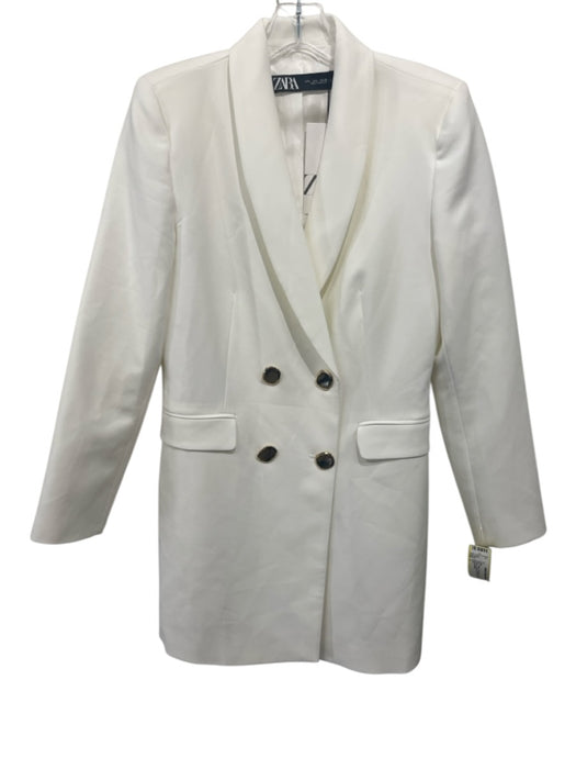 Zara Size L White Polyester Blend Long Sleeve Double Breasted Button Front Dress White / L