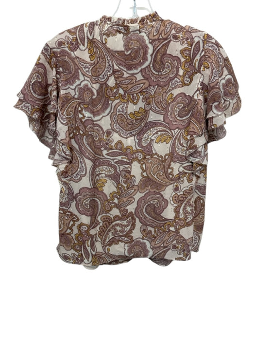 Intermix Size S Beige & Yellow Silk Ruffle Short Sleeve Paisley Print Top Beige & Yellow / S