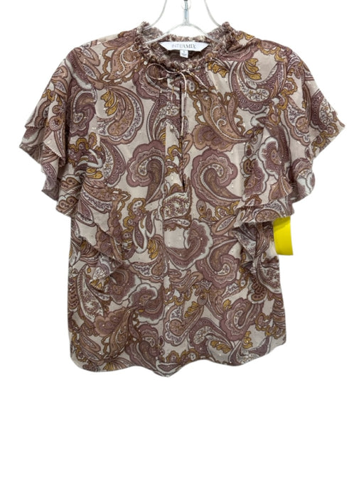 Intermix Size S Beige & Yellow Silk Ruffle Short Sleeve Paisley Print Top Beige & Yellow / S