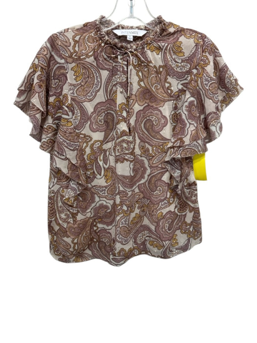 Intermix Size S Beige & Yellow Silk Ruffle Short Sleeve Paisley Print Top Beige & Yellow / S