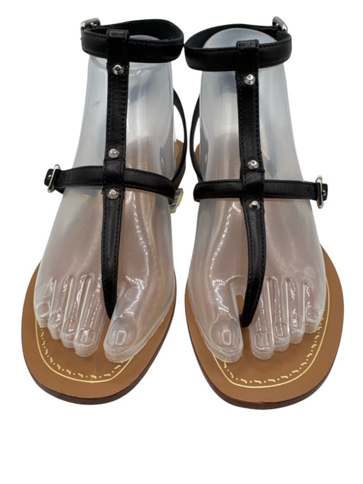 Prada Shoe Size 37 Black Leather Silver Hardware Ankle Buckle Flat Sandals Black / 37