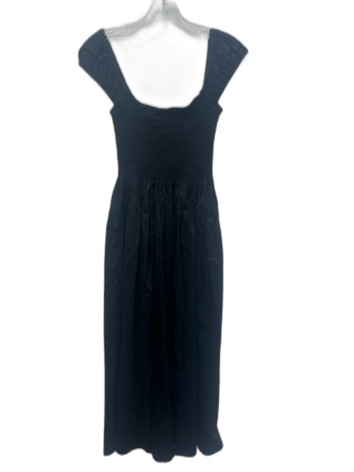 La Ligne Size XS Black Cotton Smocked Gathered Pockets Midi Dress Black / XS