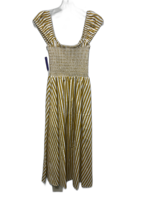 La Ligne Size XS Yellow & White Cotton Smocked Striped Pockets Midi Dress Yellow & White / XS